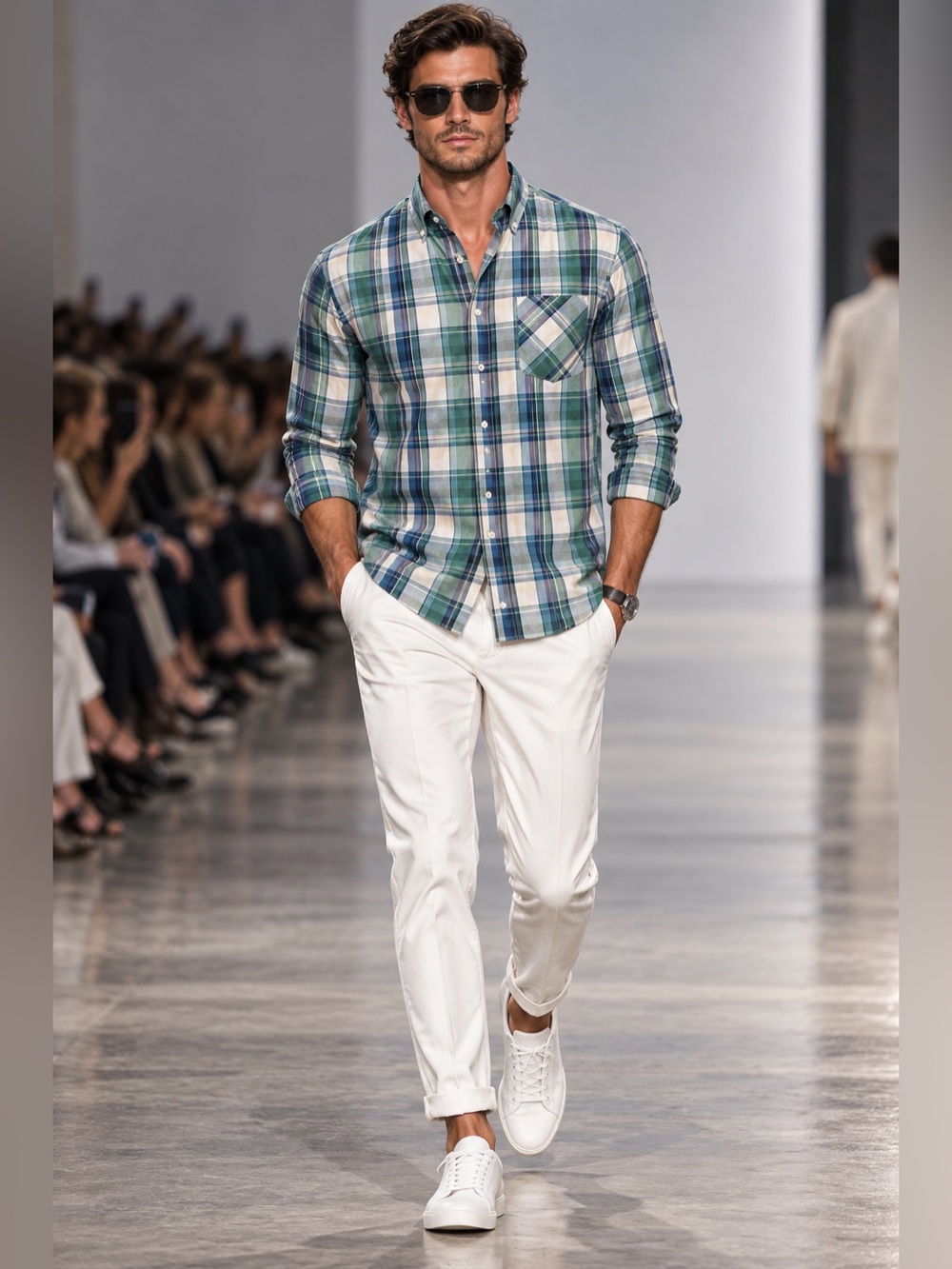 Charleston Threads Men’s L Green Blue Plaid 100% Cotton Long Sleeve Button Up